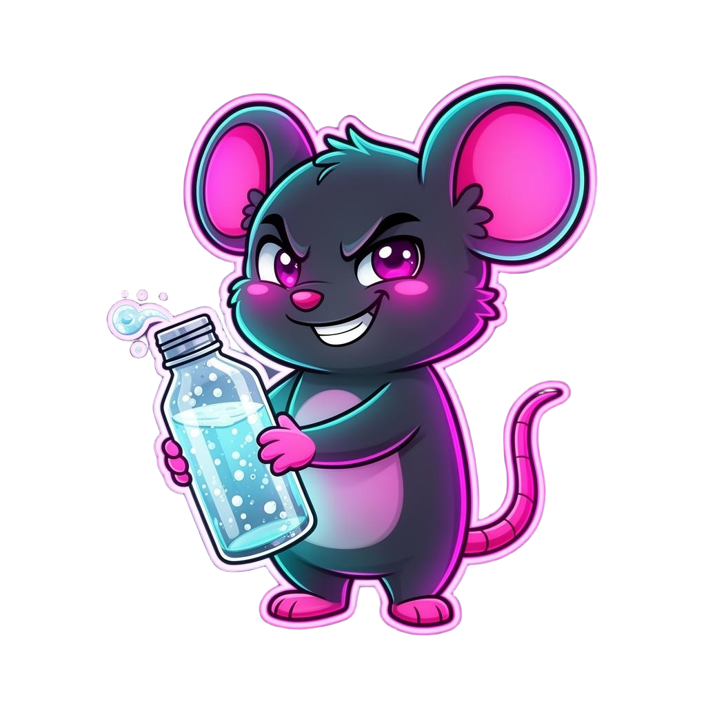 Juice Mouse mascot holding a frosty bottle