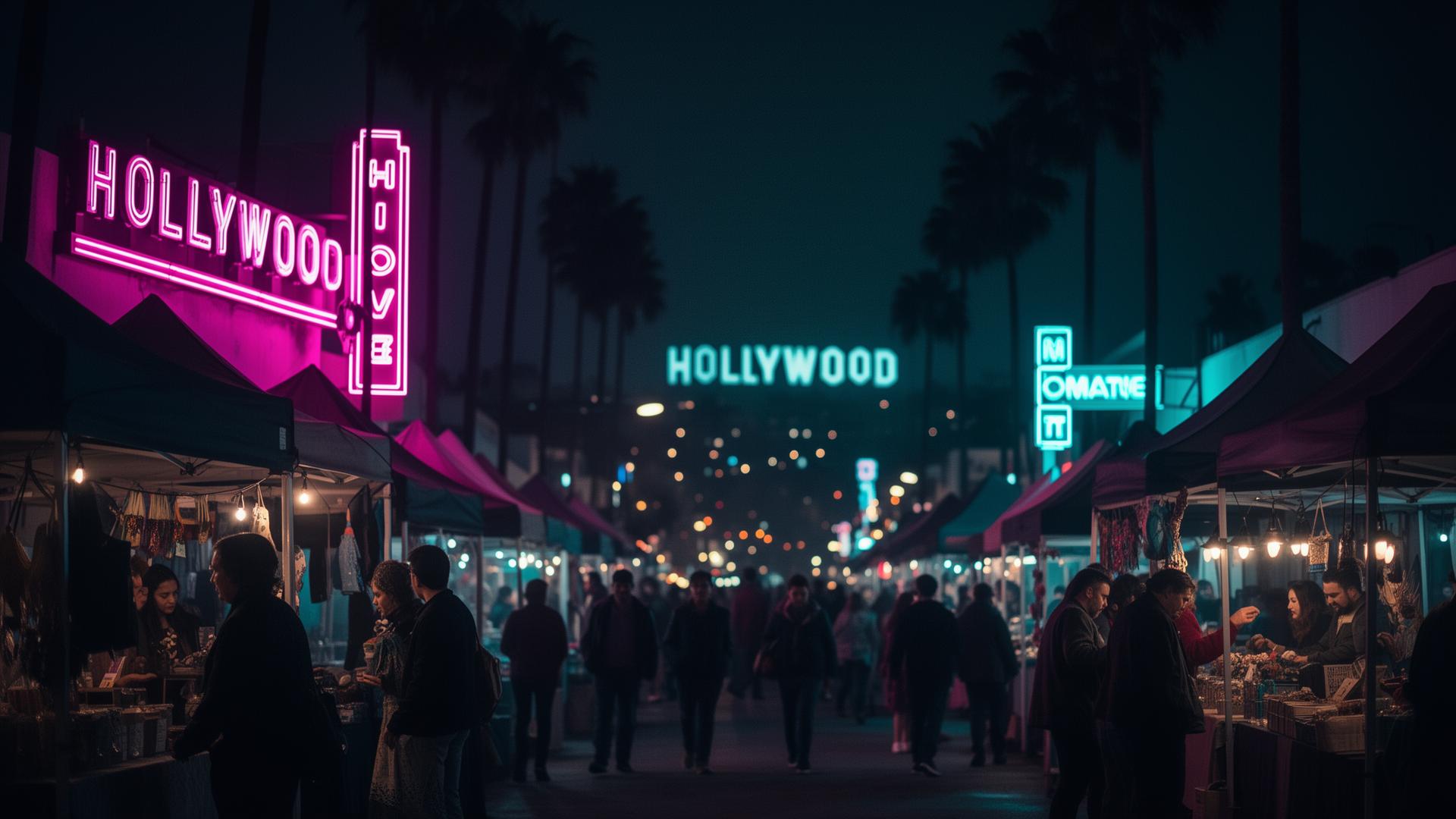 Hollywood night market with neon signs
